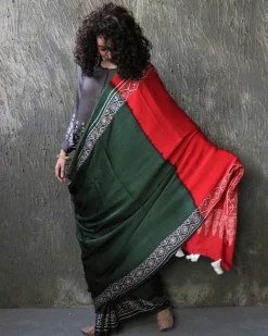 Green-Red Blockprinted Modal Silk Saree