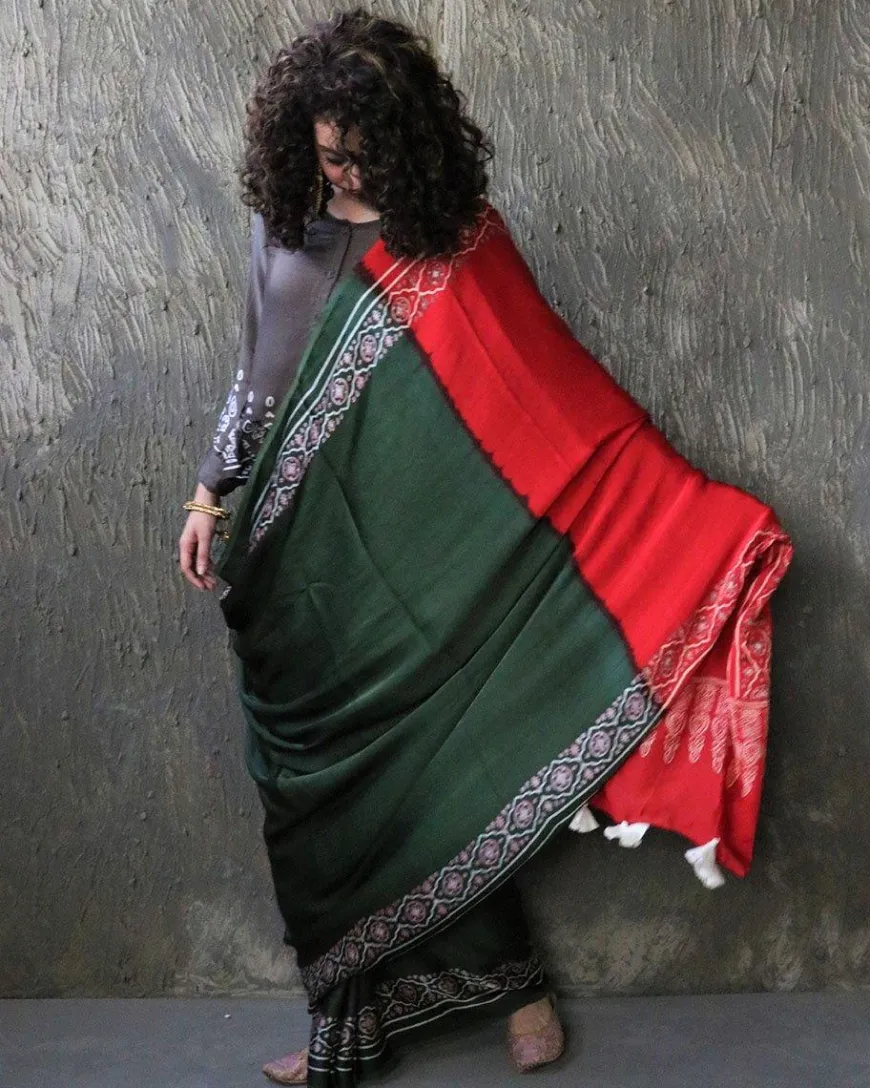 Green-Red Blockprinted Modal Silk Saree
