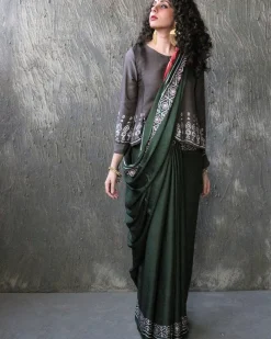 Green-Red Blockprinted Modal Silk Saree