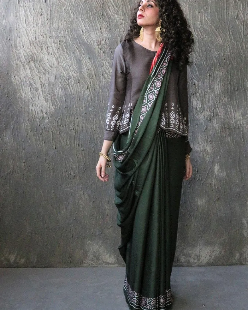 Green-Red Blockprinted Modal Silk Saree