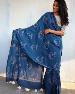 Greta Handblockprinted Cotton Saree- Butterfly Girls