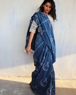 Greta Handblockprinted Cotton Saree- Butterfly Girls