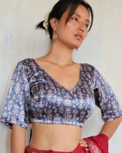 Grey Blockprinted Tie-Up Mashru Silk Blouse-Sahar