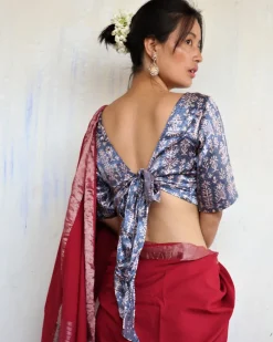 Grey Blockprinted Tie-Up Mashru Silk Blouse-Sahar
