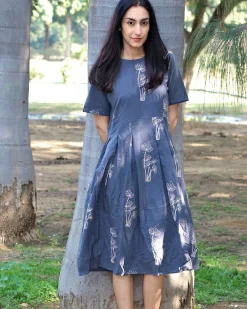 Grey Wildflower Blockprinted Cotton Pleated Dress
