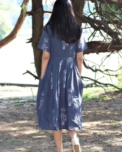 Grey Wildflower Blockprinted Cotton Pleated Dress