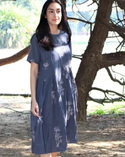 Grey Wildflower Blockprinted Cotton Pleated Dress
