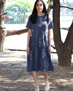 Grey Wildflower Blockprinted Cotton Pleated Dress