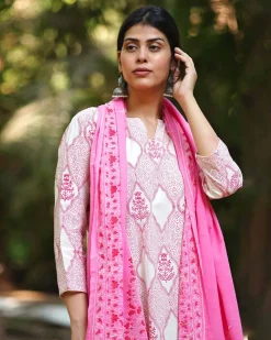 Gulmohar’s Grace Pink Block Printed Dupatta - MMG