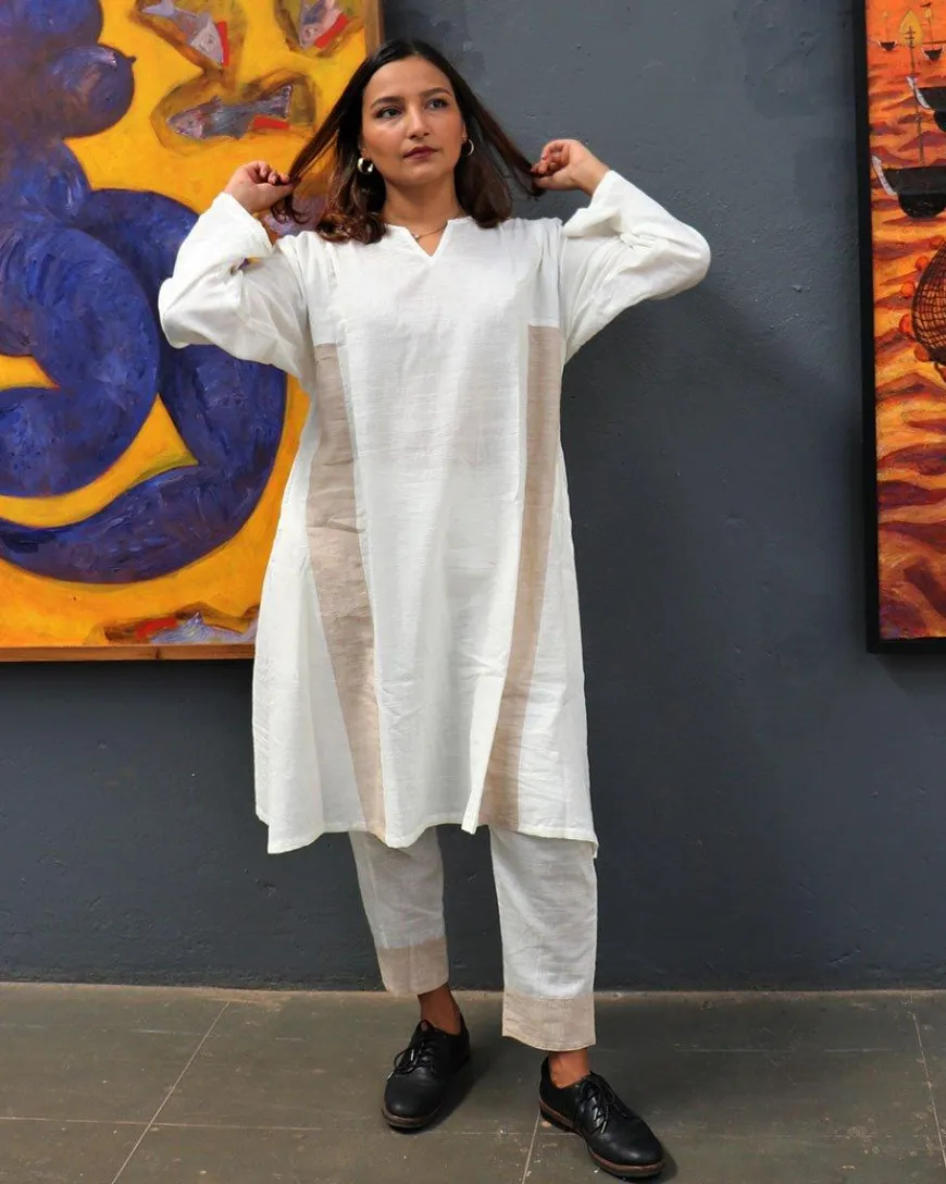 Handwoven Cotton Milk Kurta Set-Mog