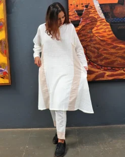 Handwoven Cotton Milk Kurta Set-Mog