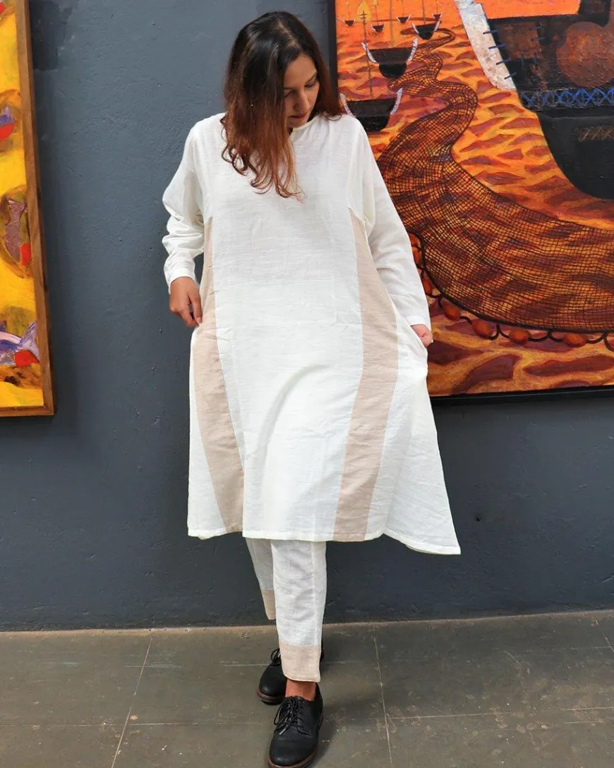 Handwoven Cotton Milk Kurta Set-Mog