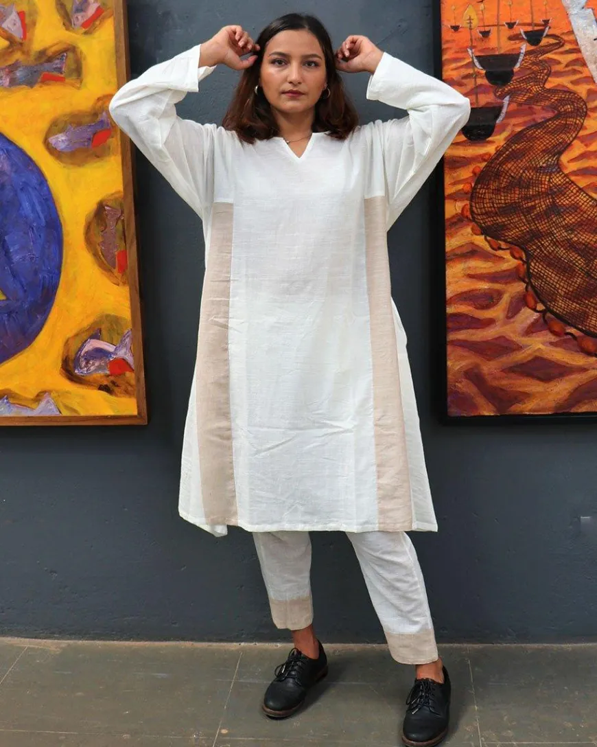Handwoven Cotton Milk Kurta Set-Mog