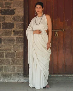 Hushed Rice Ivory Block Printed Saree - SFD