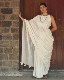 Hushed Rice Ivory Block Printed Saree - SFD