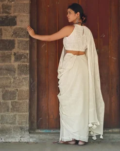 Hushed Rice Ivory Block Printed Saree - SFD