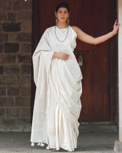 Hushed Rice Ivory Block Printed Saree - SFD