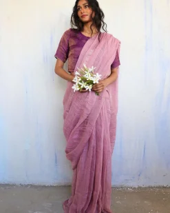 Inara Handwoven Linen Saree-Melting Moon