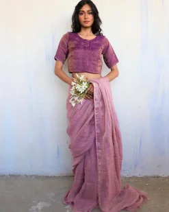 Inara Handwoven Linen Saree-Melting Moon
