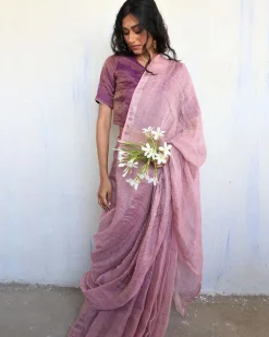 Inara Handwoven Linen Saree-Melting Moon