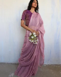 Inara Handwoven Linen Saree-Melting Moon