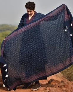 Indigo & Rust Blockprinted Cotton Dupatta - Awargi