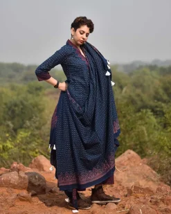 Indigo & Rust Blockprinted Cotton Dupatta - Awargi