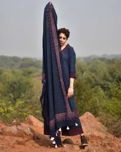 Indigo & Rust Blockprinted Cotton Dupatta - Awargi