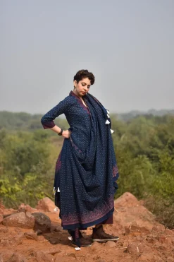Indigo & Rust Blockprinted Cotton Dupatta - Awargi