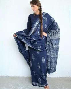 Indigo Bouquet Hand Blockprinted Cotton Saree