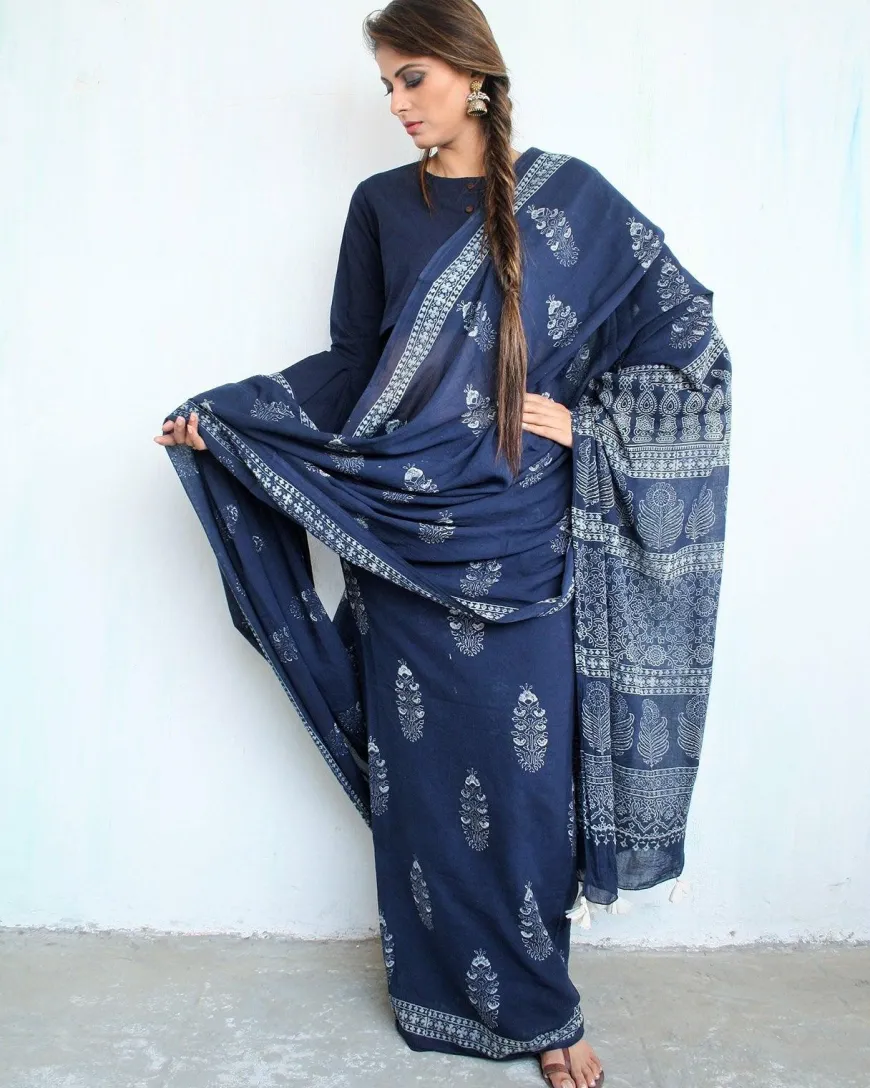 Indigo Bouquet Hand Blockprinted Cotton Saree
