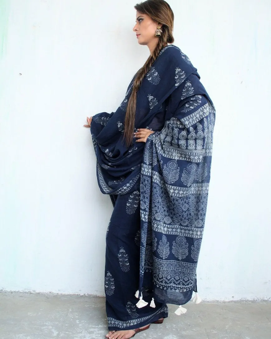 Indigo Bouquet Hand Blockprinted Cotton Saree