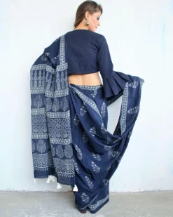 Indigo Bouquet Hand Blockprinted Cotton Saree