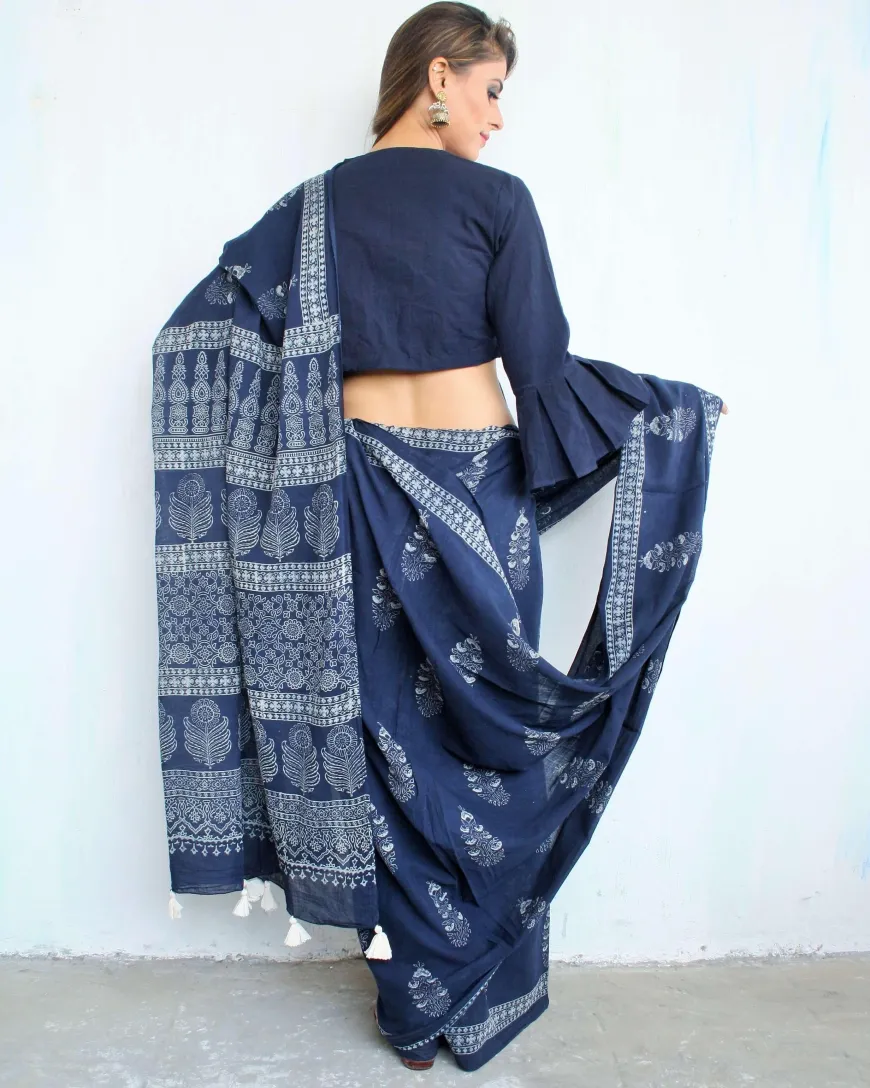 Indigo Bouquet Hand Blockprinted Cotton Saree