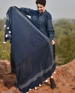 Indigo Flow Blockprinted Cotton Dupatta - Awargi