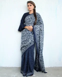 Indigo Garden Hand Blockprinted Cotton Saree