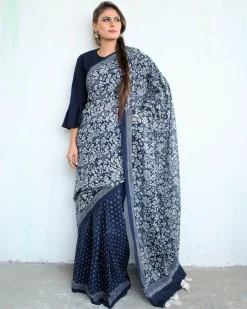 Indigo Garden Hand Blockprinted Cotton Saree