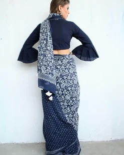 Indigo Garden Hand Blockprinted Cotton Saree