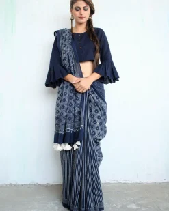 Indigo Glory Handblockprinted Cotton Saree