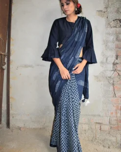 Indigo Horizon Handblockprinted Cotton Saree