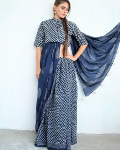 Indigo Horizon Handblockprinted Cotton Saree