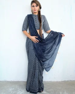 Indigo Magic Hand Blockprinted Cotton Saree