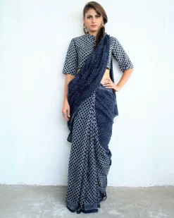 Indigo Magic Hand Blockprinted Cotton Saree