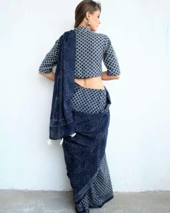 Indigo Magic Hand Blockprinted Cotton Saree