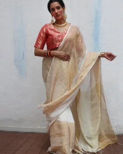 Indumukhi Handwoven Linen Zari Saree - Onam