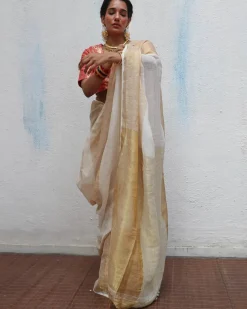 Indumukhi Handwoven Linen Zari Saree - Onam