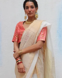Indumukhi Handwoven Linen Zari Saree - Onam