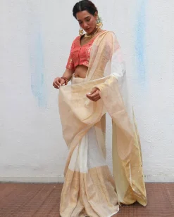 Indumukhi Handwoven Linen Zari Saree - Onam