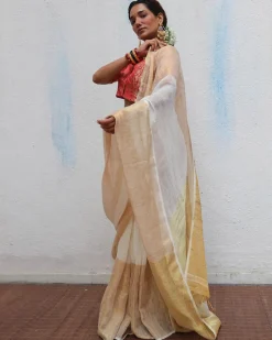 Indumukhi Handwoven Linen Zari Saree - Onam