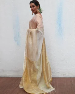 Indumukhi Handwoven Linen Zari Saree - Onam